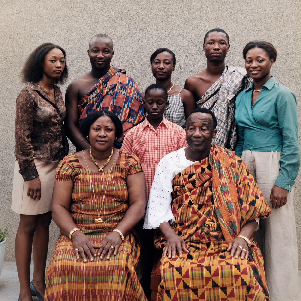 Frank Quarshie Djagbletey with family in traditional kente cloth